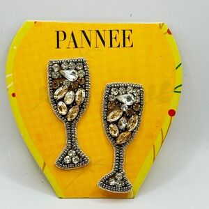 Pannee Rhinestone Champagne Glass Dangle 2"  Earrings  Stud Pierced Holidays